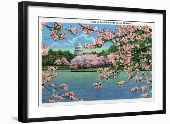 Washington DC, Vista of the Capitol through the Cherry Blossoms-Lantern Press-Framed Art Print