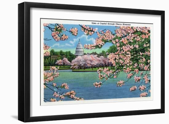 Washington DC, Vista of the Capitol through the Cherry Blossoms-Lantern Press-Framed Art Print