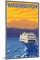 Washington - Ferry and Mountains-Lantern Press-Mounted Art Print