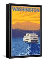 Washington - Ferry and Mountains-Lantern Press-Framed Stretched Canvas