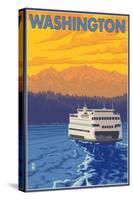 Washington - Ferry and Mountains-Lantern Press-Stretched Canvas