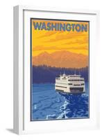 Washington - Ferry and Mountains-Lantern Press-Framed Art Print