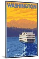 Washington - Ferry and Mountains-Lantern Press-Mounted Art Print