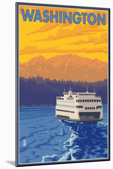 Washington - Ferry and Mountains-Lantern Press-Mounted Art Print