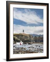 Washington, Male Sea Kayaker Paddling Along Cliffs Beneath Lighthouse on Tatoosh Island-Gary Luhm-Framed Photographic Print