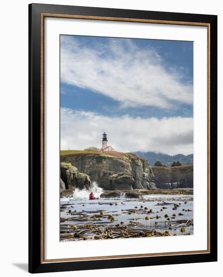 Washington, Male Sea Kayaker Paddling Along Cliffs Beneath Lighthouse on Tatoosh Island-Gary Luhm-Framed Photographic Print