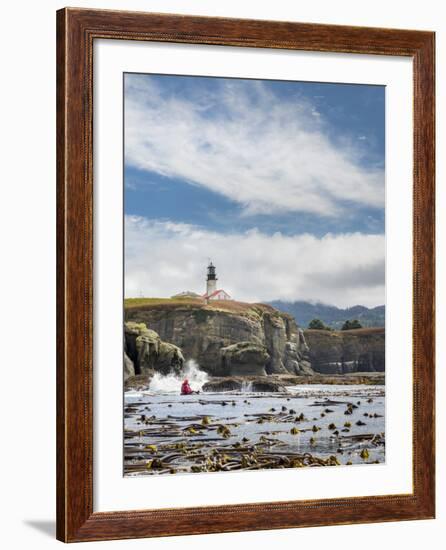 Washington, Male Sea Kayaker Paddling Along Cliffs Beneath Lighthouse on Tatoosh Island-Gary Luhm-Framed Photographic Print