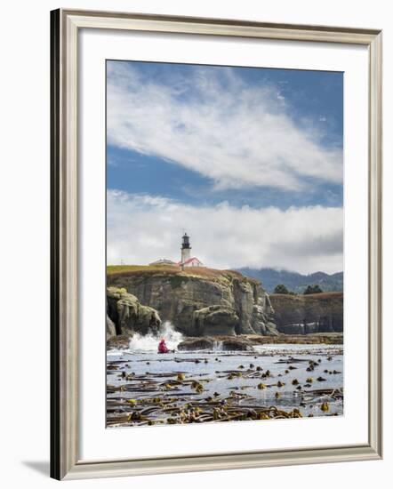 Washington, Male Sea Kayaker Paddling Along Cliffs Beneath Lighthouse on Tatoosh Island-Gary Luhm-Framed Photographic Print