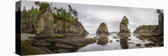 Washington, Panorama of Sea Kayakers Paddling at Cape Flattery on the Olympic Coast-Gary Luhm-Stretched Canvas