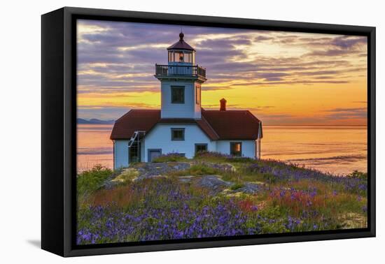 Washington, San Juan Islands. Patos Lighthouse and Camas at Sunset-Don Paulson-Framed Stretched Canvas