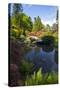 Washington, Seattle, Kubota Gardens, Spring Flowers and Moon Bridge in Reflection-Terry Eggers-Stretched Canvas