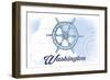 Washington - Ship Wheel - Blue - Coastal Icon-Lantern Press-Framed Art Print