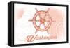 Washington - Ship Wheel - Coral - Coastal Icon-Lantern Press-Framed Stretched Canvas