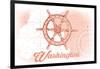Washington - Ship Wheel - Coral - Coastal Icon-Lantern Press-Framed Art Print