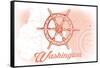 Washington - Ship Wheel - Coral - Coastal Icon-Lantern Press-Framed Stretched Canvas