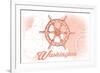 Washington - Ship Wheel - Coral - Coastal Icon-Lantern Press-Framed Art Print