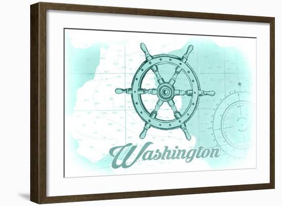 Washington - Ship Wheel - Teal - Coastal Icon-Lantern Press-Framed Art Print