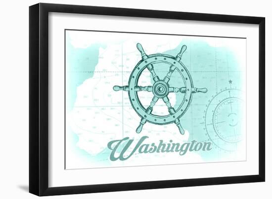 Washington - Ship Wheel - Teal - Coastal Icon-Lantern Press-Framed Art Print