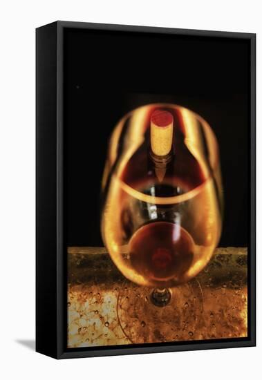 Washington State, Walla Walla. the Illusion of a Bottle Inside a Glass in a Walla Walla Winery-Richard Duval-Framed Stretched Canvas