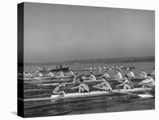 Washington Univ. Rowing Team Practicing on Lake Washington-J^ R^ Eyerman-Stretched Canvas