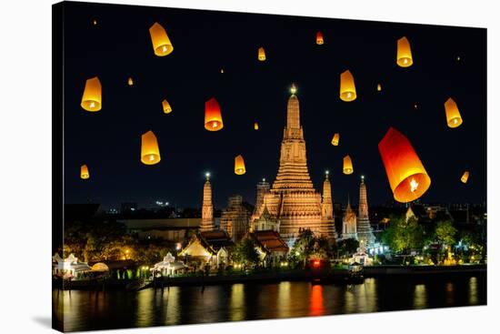 Wat Arun under Loy Krathong Day ,Thailand-Prasit Rodphan-Stretched Canvas