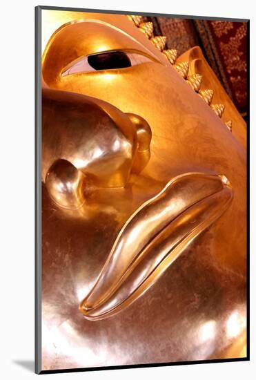 Wat Pho (Temple of the Reclining Buddha), detail of face of big reclining golden Buddha statue-Godong-Mounted Photographic Print