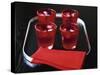 Water and Ice Cubes in Red Glasses on Tray-Michael Paul-Stretched Canvas