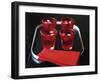 Water and Ice Cubes in Red Glasses on Tray-Michael Paul-Framed Photographic Print