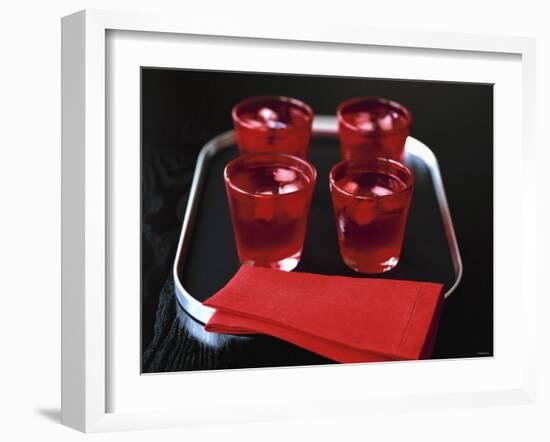 Water and Ice Cubes in Red Glasses on Tray-Michael Paul-Framed Photographic Print