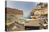 Water Colour Painting of Traditional Fishing Boats and the Colourful Town of Positano-Martin Child-Stretched Canvas