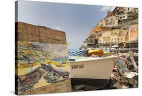 Water Colour Painting of Traditional Fishing Boats and the Colourful Town of Positano-Martin Child-Stretched Canvas