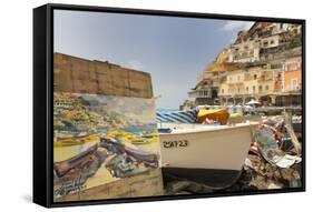 Water Colour Painting of Traditional Fishing Boats and the Colourful Town of Positano-Martin Child-Framed Stretched Canvas