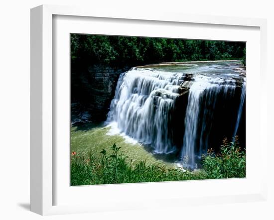 Water falling from rocks in a forest, Middle Falls, Genesee River, Letchworth State Park, New Yo...-null-Framed Photographic Print