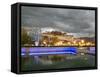 Water Feature in Front of the Potala Square Lit up with Neon Blue Lights in Early Evening, China-Don Smith-Framed Stretched Canvas