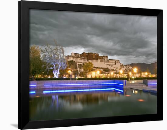 Water Feature in Front of the Potala Square Lit up with Neon Blue Lights in Early Evening, China-Don Smith-Framed Photographic Print