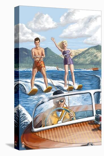 Water Skiing and Wooden Boat-Lantern Press-Stretched Canvas