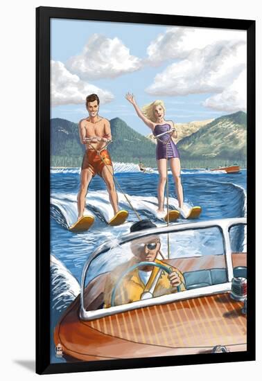Water Skiing and Wooden Boat-Lantern Press-Framed Art Print