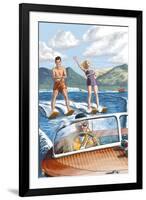 Water Skiing and Wooden Boat-Lantern Press-Framed Art Print
