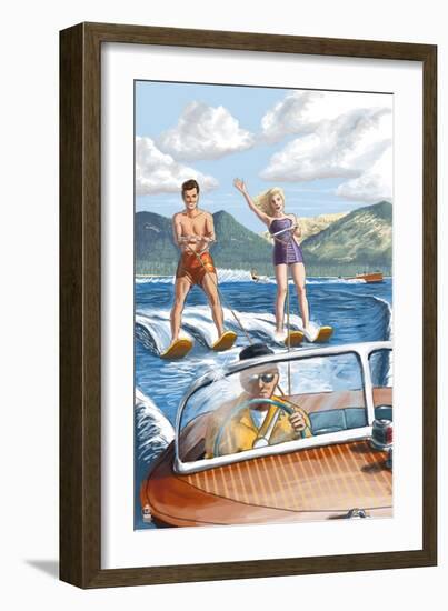 Water Skiing and Wooden Boat-Lantern Press-Framed Art Print