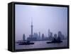 Water Traffic along Huangpu River Passing Oriental TV Tower and Pudong Skyline, Shanghai, China-Paul Souders-Framed Stretched Canvas