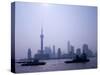 Water Traffic along Huangpu River Passing Oriental TV Tower and Pudong Skyline, Shanghai, China-Paul Souders-Stretched Canvas