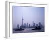 Water Traffic along Huangpu River Passing Oriental TV Tower and Pudong Skyline, Shanghai, China-Paul Souders-Framed Premium Photographic Print