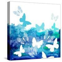Watercolor Blue Background with Butterflies. Vector-Ihnatovich Maryia-Stretched Canvas