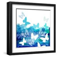 Watercolor Blue Background with Butterflies. Vector-Ihnatovich Maryia-Framed Art Print