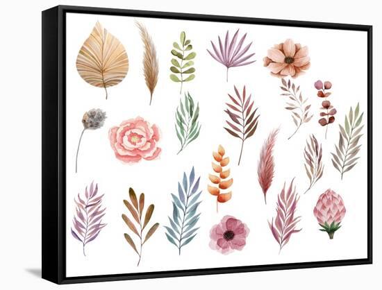 Watercolor Boho Style Flowers Leaves Foliage Vintage Illustration Decoration Boho Chic Graphic-Guzel Sakhabieva-Framed Stretched Canvas