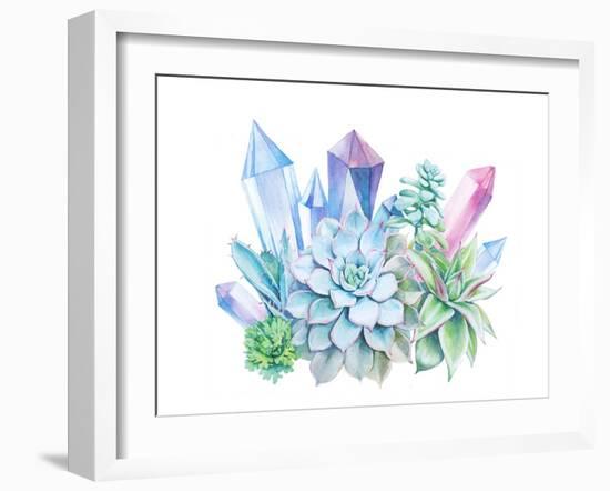 Watercolor Bouquet of Succulents and Gem Stones-Eisfrei-Framed Art Print