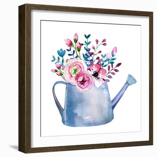 Watercolor Bouquets of Flowers in Pot. Rustic Floral Set in Shabby Chic Style. Country Design.-krisArt-Framed Art Print