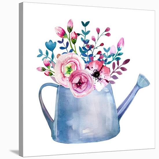 Watercolor Bouquets of Flowers in Pot. Rustic Floral Set in Shabby Chic Style. Country Design.-krisArt-Stretched Canvas