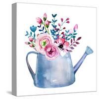 Watercolor Bouquets of Flowers in Pot. Rustic Floral Set in Shabby Chic Style. Country Design.-krisArt-Stretched Canvas