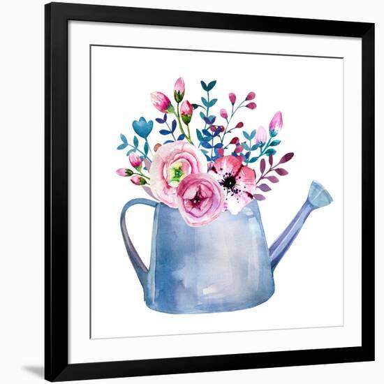 Watercolor Bouquets of Flowers in Pot. Rustic Floral Set in Shabby Chic Style. Country Design.-krisArt-Framed Art Print